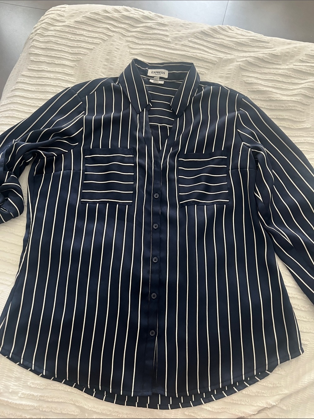 Express Navy and White Vertical Stripe Button-Down Shirt size large